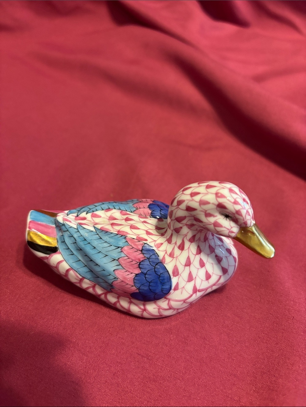 Herend Pink and Blue Feathered Duck Figurine with Gold Beak